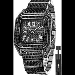 Hip Hop Men's Crystal Watch Bling Bling Watch Rectangle Case Stainless Steel